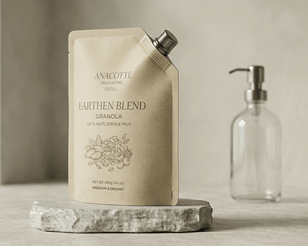 Kraft stand-up pouch with illustrated branding on a stone pedestal