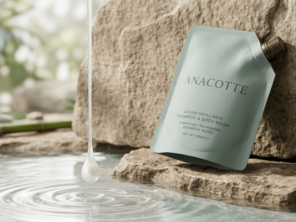 Premium spout pouch in a natural lifestyle render with water and stone