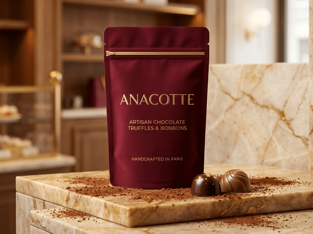 Artisan chocolate · burgundy stand pouch