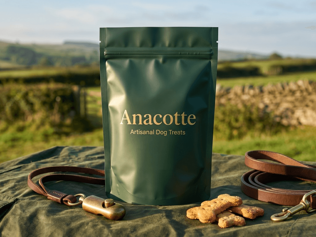 Artisanal dog treats · matte green pouch
